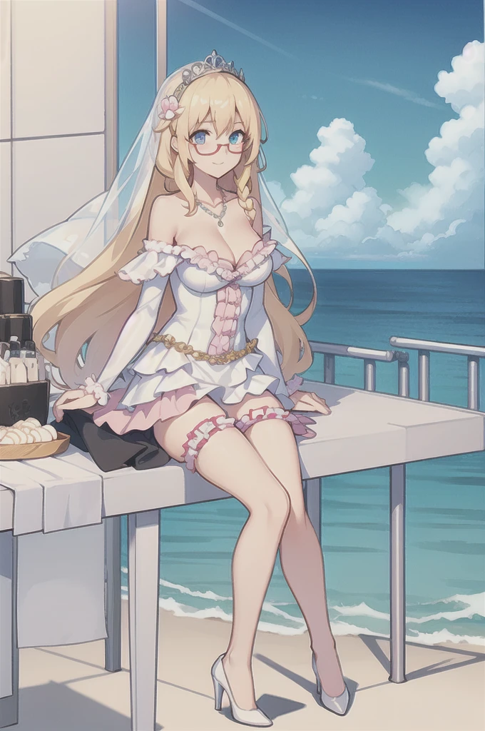 Hood \(warship girls r\),((masterpiece)),(((best quality))),((ultra-detailed)),((illustration)),((disheveled hair)),((frills)),(1 girl),(solo),1girl,ahoge,bare legs,bare shoulders,bird,blue sky,blush,bouquet,braid,breasts,bridal veil,bride,church,cleavage,closed mouth,cloud,cloudy sky,collarbone,curtains,day,dress,earrings,eyebrows visible through hair,flower,full body,hair between eyes,hair ornament,high heels,horizon,jewelry,large breasts,leg garter,looking at viewer,medium breasts,necklace,ocean,off shoulder,outdoors,pink flower,pink rose,red eyes,rose,sitting,sky,smile,solo,strapless,strapless dress,table,thighs,tiara,vase,veil,wedding,wedding dress,white dress,white flower,white footwear,white rose,wind,window, under-rim eyewear,Blue eyes with highlights,Blonde long hair(delicate eyes),