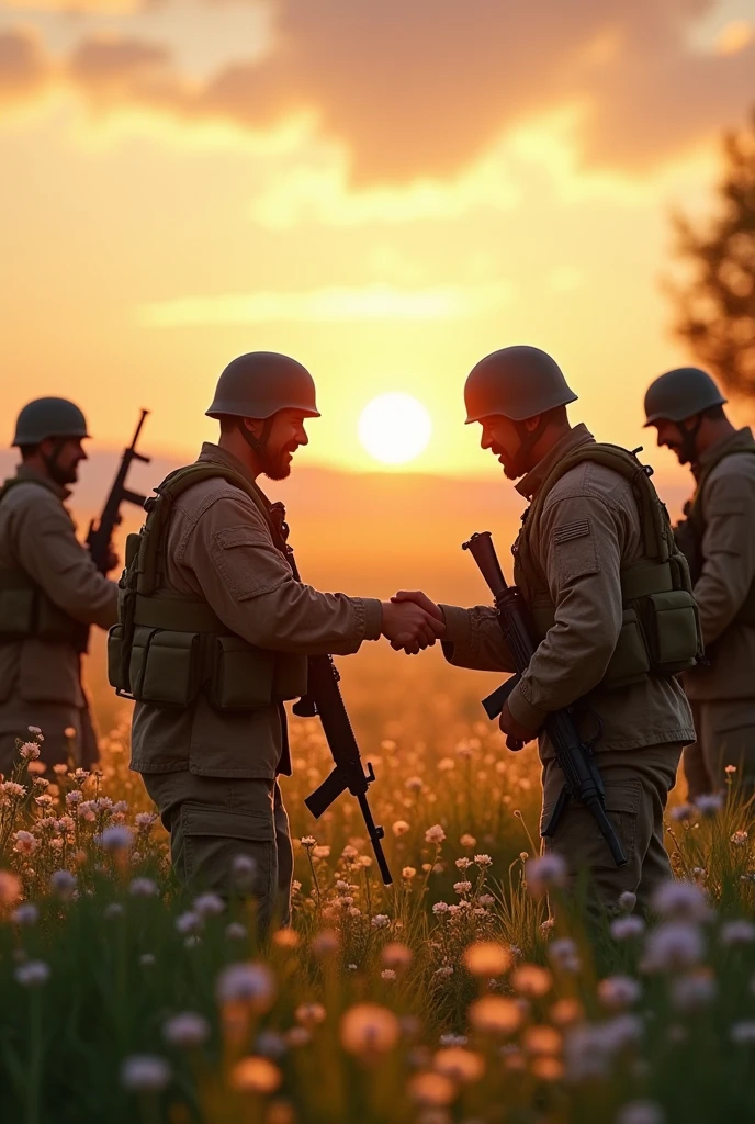 All soldiers lay down their weapons, shake hands, and choose peace and unity.