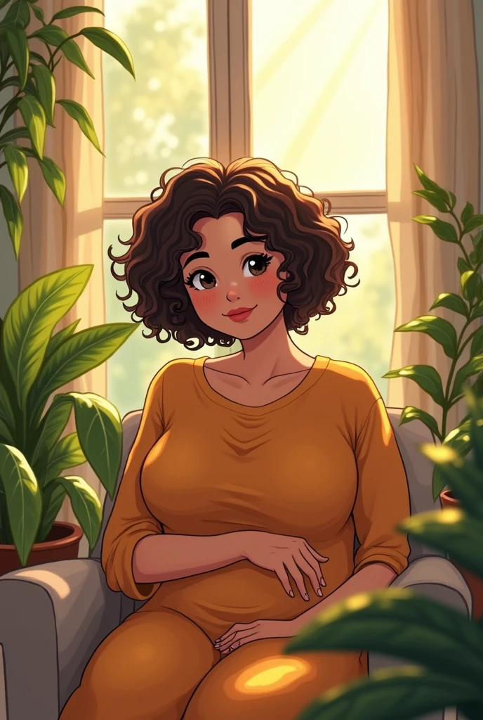 A  chubby woman, adorable and soft looking, she represents the pure representation of softness and kindness,  having thick eyebrows with black almond shaped eyes and brown curly short hair with evident North African traits , long curly hair, indoors, soft lighting, plants in background, window with sunlight. Style manga