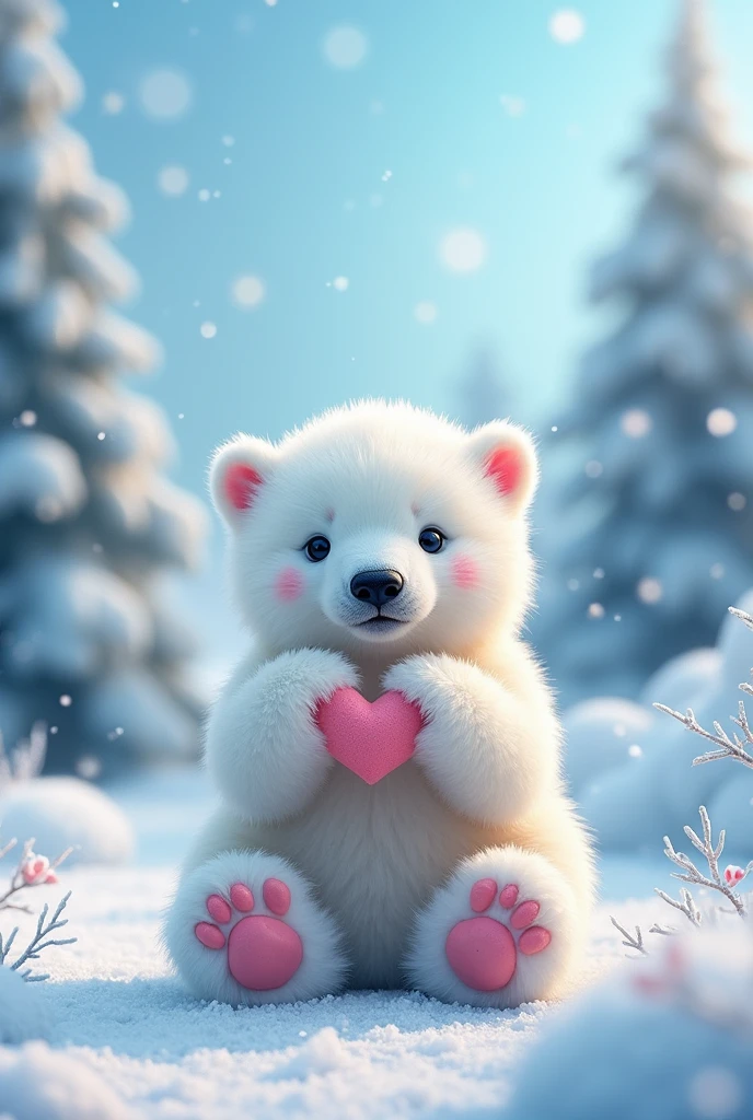 Polar bear cub with pink hair making heart, Pink short hair