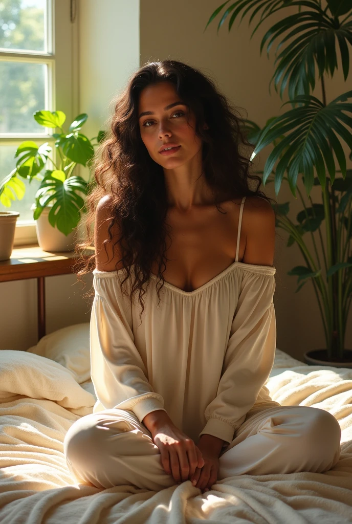 (photorealism:1.2), beautiful woman, sitting on bed, wearing loose off-shoulder top, pajama pants, long curly hair, indoors, soft lighting, plants in background, window with sunlight, cozy room, relaxed pose, realistic, intricate details, warm colors, by Greg Rutkowski, by Alphonse Mucha