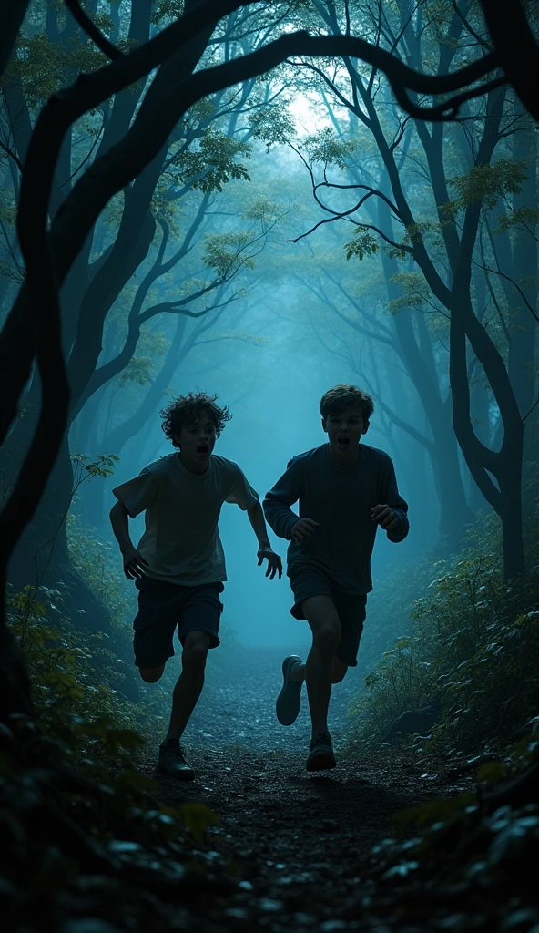 1 age boys running in fear through a dark forest