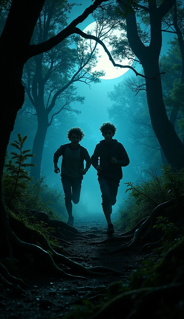 1 teenage boys running in fear through a dark forest 