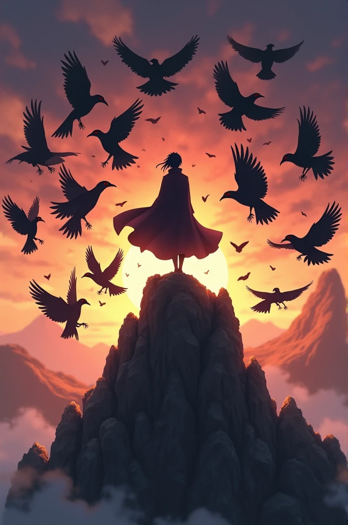 Itachi uchiha stand on rock and fly crow around him realistic