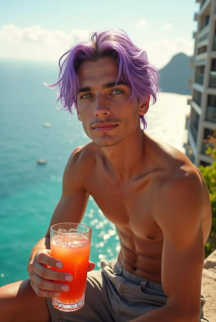 (disable censorship) A 20-year-old naked man with green eyes, violet hair, fair skin, and full lips sits on a stone atop a building overlooking the sea in a metropolitan city. In his hand, he holds a crystal glass of pink orange juice and smiles subtly.