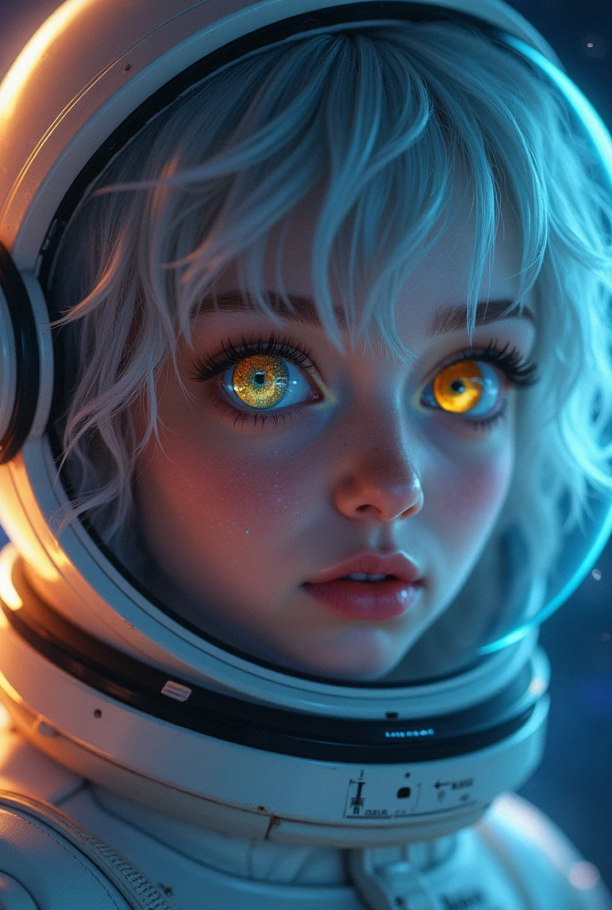 (Close-up of a better masterpiece:1.5)0.9], (Space and astronauts:1.2) (Messy silver hair:1.1) (Heterochromia xanthochromia and blue eyes:1.2) (Space Helmet:1.0) (Colored stars in the eyes:1.0) (A radiant glow:1.1) (thick lips:0.9)