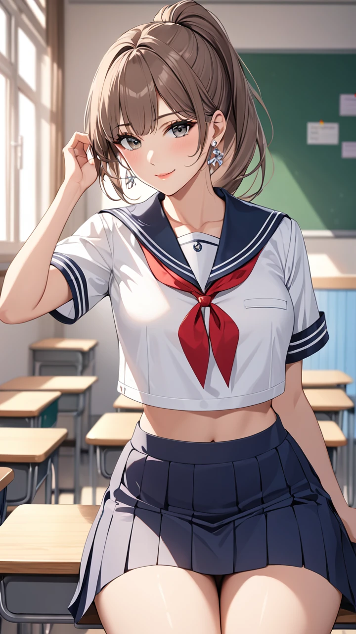 Highest quality　masterpiece　High resolution　masterpiece　Brown Bob　　Grey Eyes, high pony tail cut, wearing sailor uniform, seductive smile, tight, sit, classroom, midriff peek, mature female, adjusting hair, earrings,