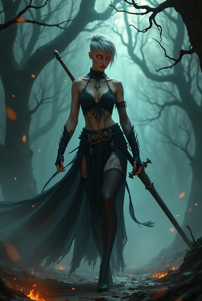 Dnd character, Evil Fairy, Female, muscular, greatsword on back, staff in hand, tomboy, short hair undercut, red eyes, dark theme