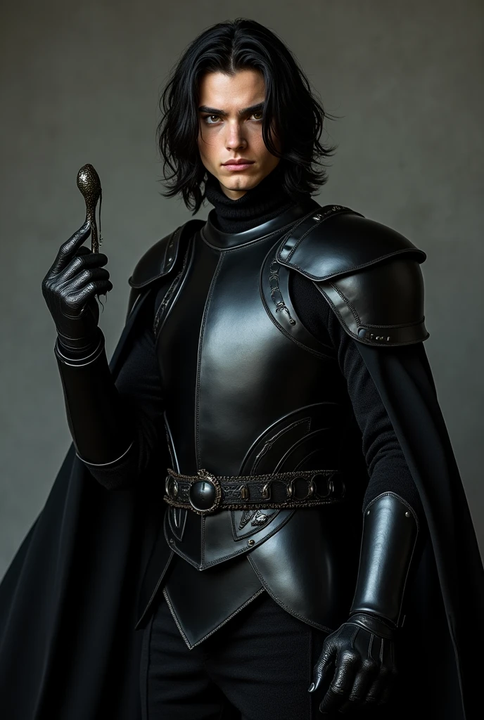 His hair is black, his skin is black, and he wears a nice black suit of armor. a young man with a beautiful face. He has a black cloak. His eyes are serious, his face is serious. He has a black slimy substance in his hand. A small part of her hair covered her left eye