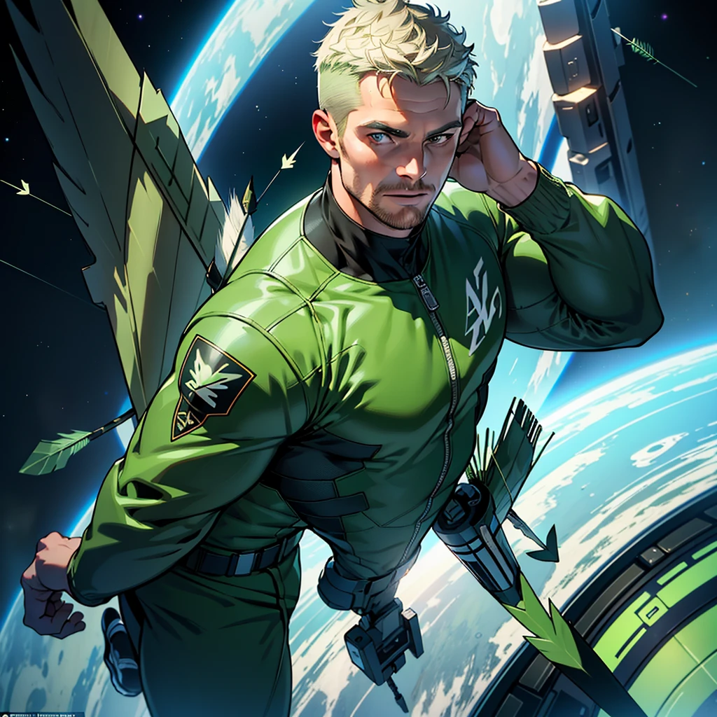 32k,masterpiece, best quality, detailed face, natural eyes,1man, solo mature man, muscled and mature, stephen amell as an astronaut wearing future space suit, dark green suit, showing muscles and bulge ,(((floating like a feather))) in the space inside a space shuttle , (((with "arrow" text and logo on his suit ))), (((full body))), intricate Detailed background