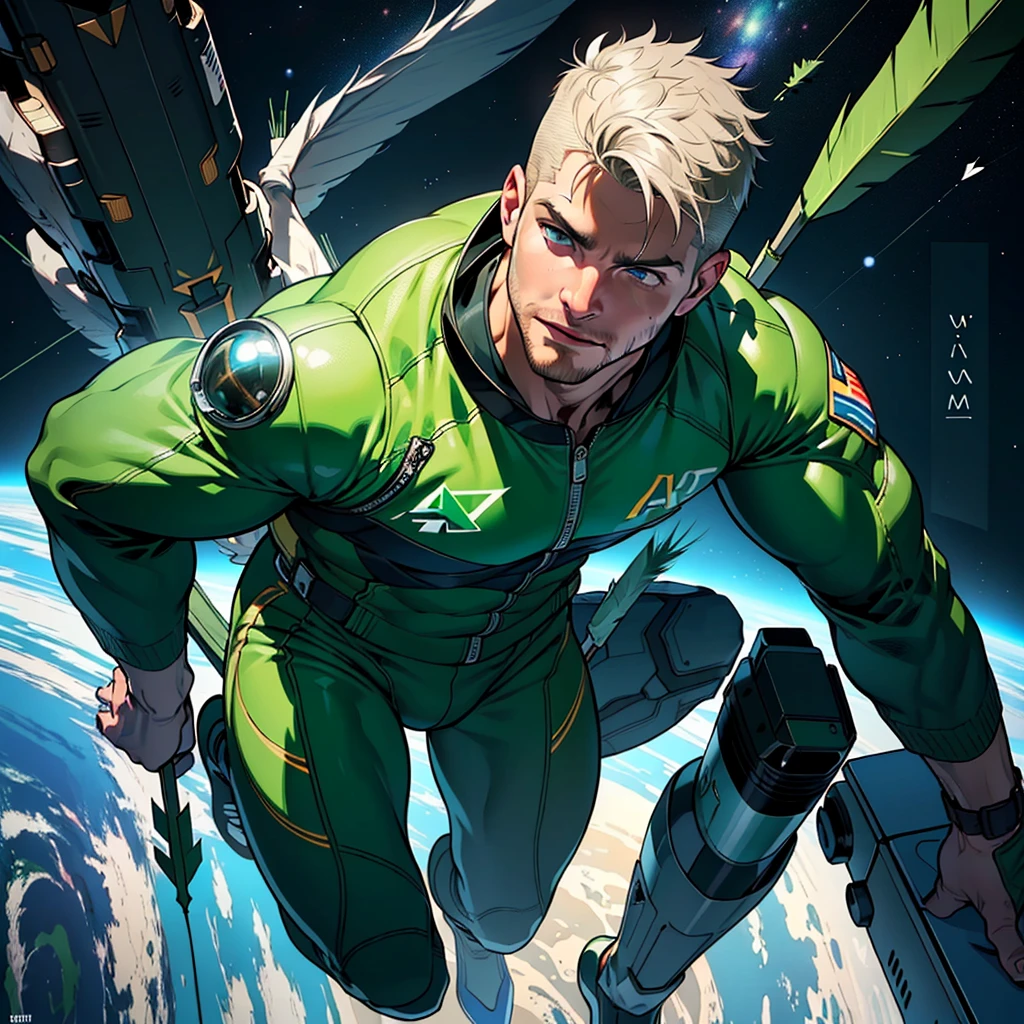 32k,masterpiece, best quality, detailed face, natural eyes,1man, solo mature man, muscled and mature, stephen amell as an astronaut wearing future space suit, dark green suit, showing muscles and bulge ,(((floating like a feather))) in the space inside a space shuttle , (((with "arrow" text and logo on his suit ))),  (((full body))), intricate Detailed background 
