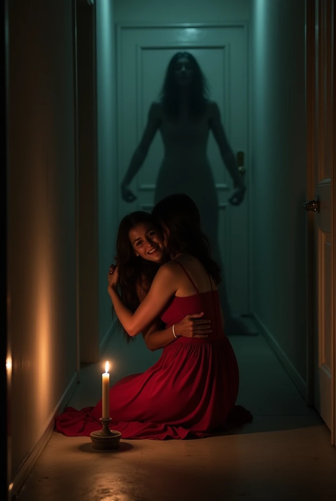 Draw A woman in a red dress is on her knees hugging her 15-year-old son in a completely dark hallway and an unlit candle next to her, In the background, a deformed shadow running towards them 