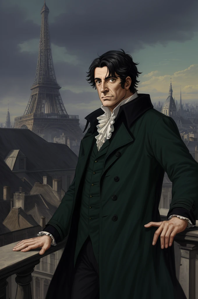 Highest quality, masterpiece, High resolution,，（Jacques Hébert），French，French Revolution politician，（French cityscape_background），Middle-aged men，Anime Style, 4K, alone，whole body， looking at the camera, ，Black Hair，Dark Green_coat， Hyper Detail, (Intricate details),