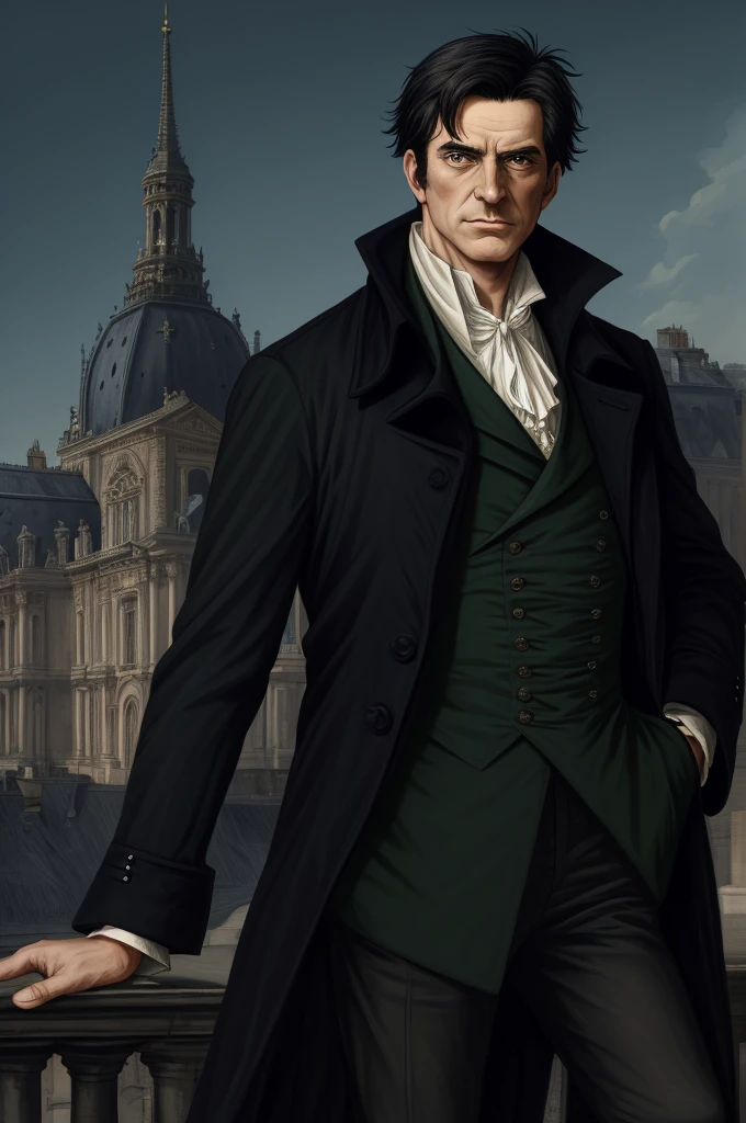 Highest quality, masterpiece, High resolution,，（Jacques Hébert），French，French Revolution politician，（French cityscape_background），Middle-aged men，Anime Style, 4K, alone，whole body， looking at the camera, ，Black Hair，Dark Green_coat， Hyper Detail, (Intricate details),