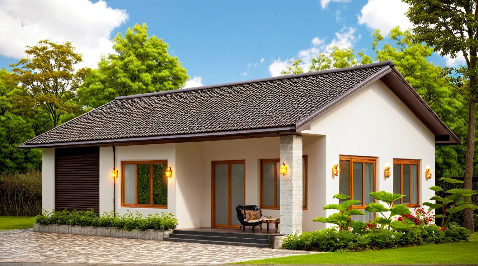 Raw photo,Masterpiece, high quality, best quality, authentic, super detail, exterior, outdoors, house style modern on the street,pavement, grass, trees, sky, cloud, (day:1.1), MIX WHITE AND Chocolate style color ; CHOCOLATE COLOR STYLE ROOF TILES, japanese roof style