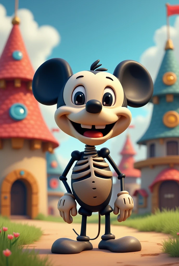 Generate a Clash Royale skeleton, with an old cartoon Mickey Mouse style, cheered up, no ears, with a background of Clash Royale towers