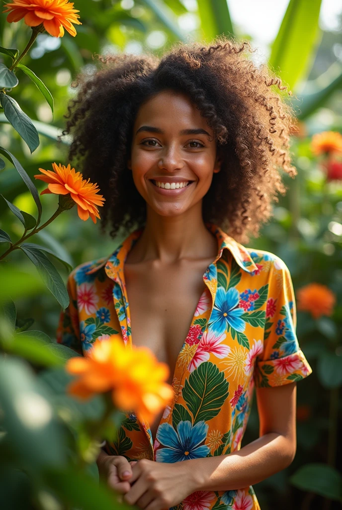 A Brazilian woman in a lush tropical garden, wearing an open shirt with a floral print, with a close-up capturing the harmonious beauty between her breasts and the natural flowers, showing off your natural charm and outgoing personality.