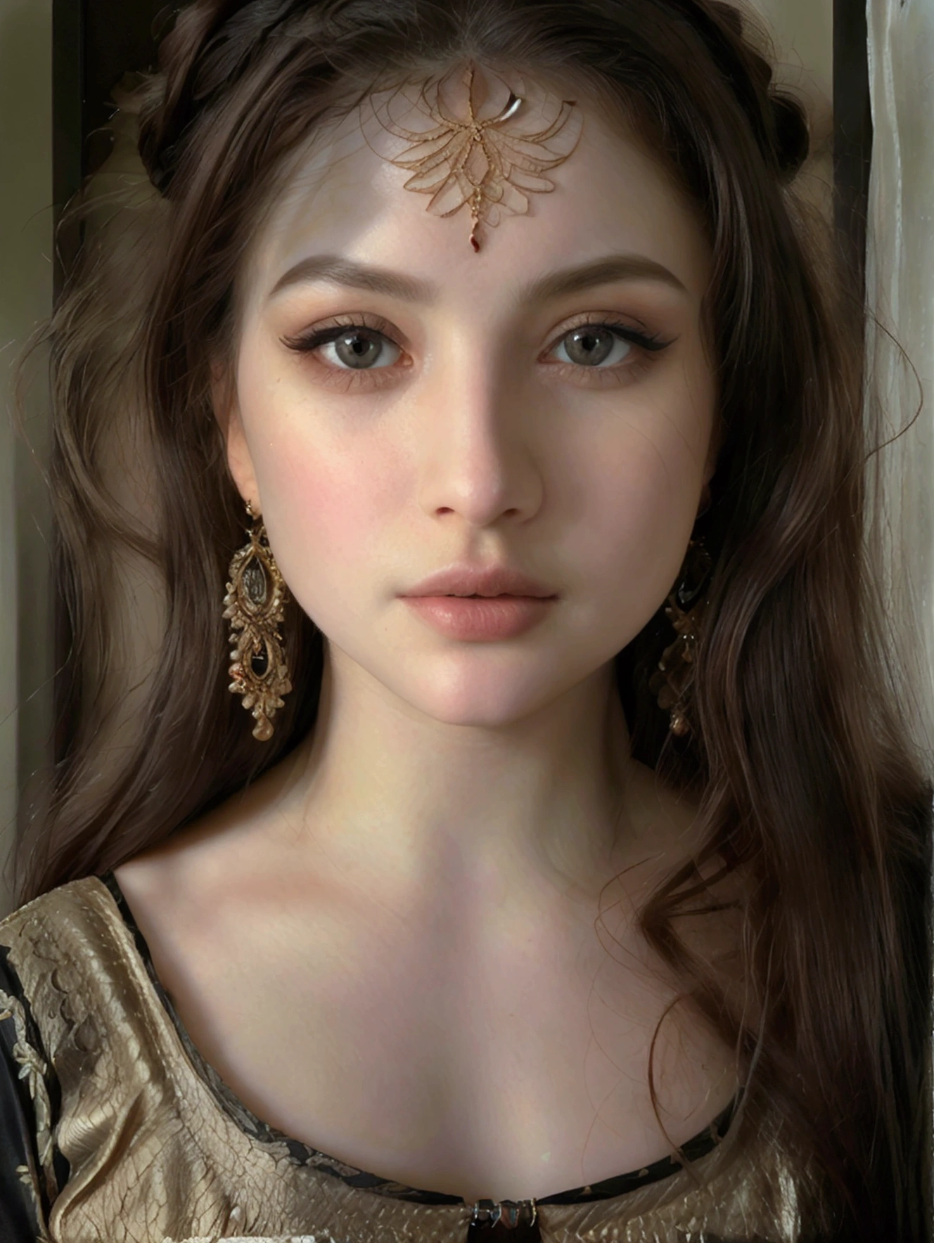 (((ultra realistic))) Photo, masterpiece, top quality, (pale skin), (Ultra detailed face and eyes:1.3), Indian 1 girl, in a beautiful black(goldon embroidery)dress, (Eye makeup, mascara) , (a close up portrait of a beautiful woman with long brown messy bun, curly hair), wearing a black dress, gorgeous detailed face, extremely beautiful delicate features, piercing eyes, luscious lips, flawless skin, stunning portrait, high quality, cinematic lighting, photorealistic, masterpiece, dramatic depth of field, soft elegant expression, elegant and serene, professional portrait photography, beautiful model, gorgeous female portrait, incredible realismof field, bokeh, (special attention to skin detail: 1.2), Detailed leather texture, skin pores. (Airy atmosphere of the frame), UDR, ((Film grain)), ((rays)), ((Glare)), ((side angle portrait, viewing towards the camera)) , ultra detailed,