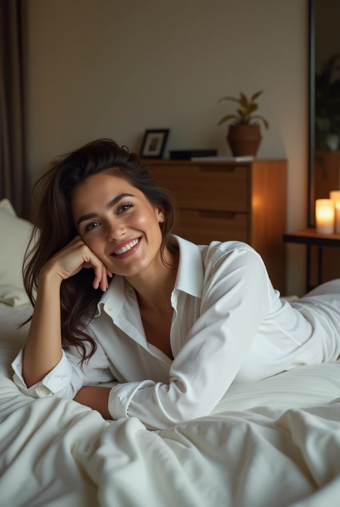 Sexy office lady. She is wearing a white office shirt. She is hot. She is lying on the bed. She is wearing a white shirt. She is sexy.