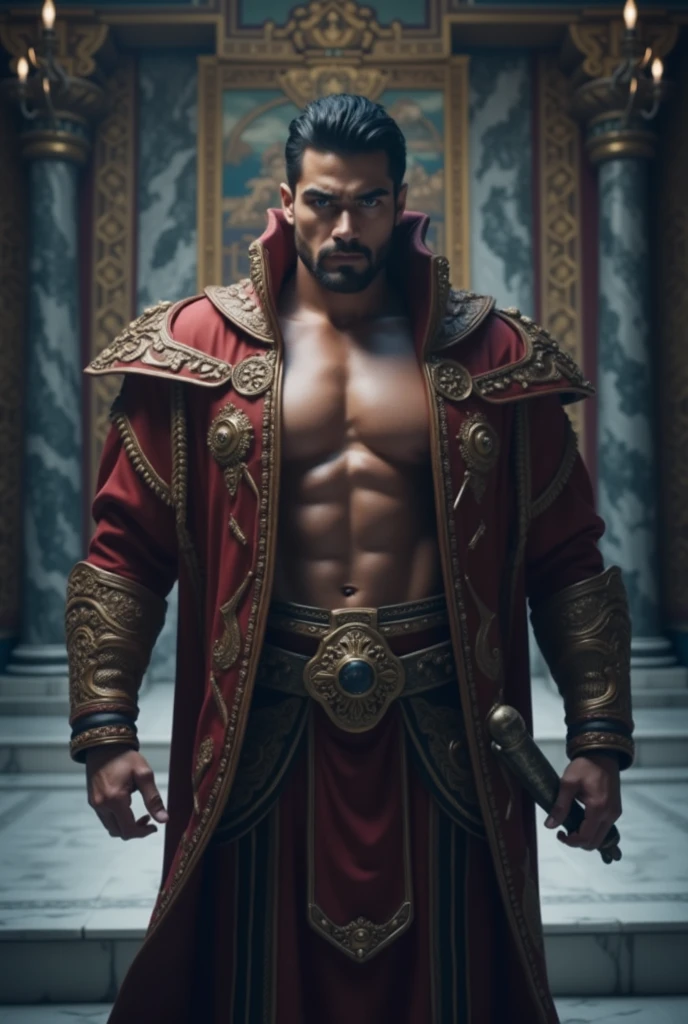 Imposing, strong and handsome emperor with European features 