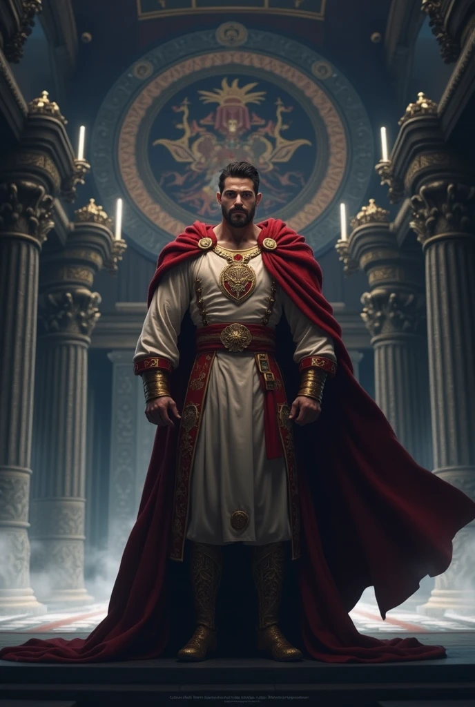 Imposing, strong and handsome emperor with European features 