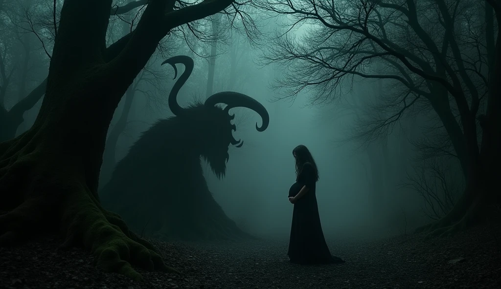 "The Birth of the Demon": Depict the moment of childbirth, with a woman screaming in pain, her shadow projected on the forest wall showing a demon instead of a baby. The atmosphere must be gloomy, with fog and darkness enveloping the scene.