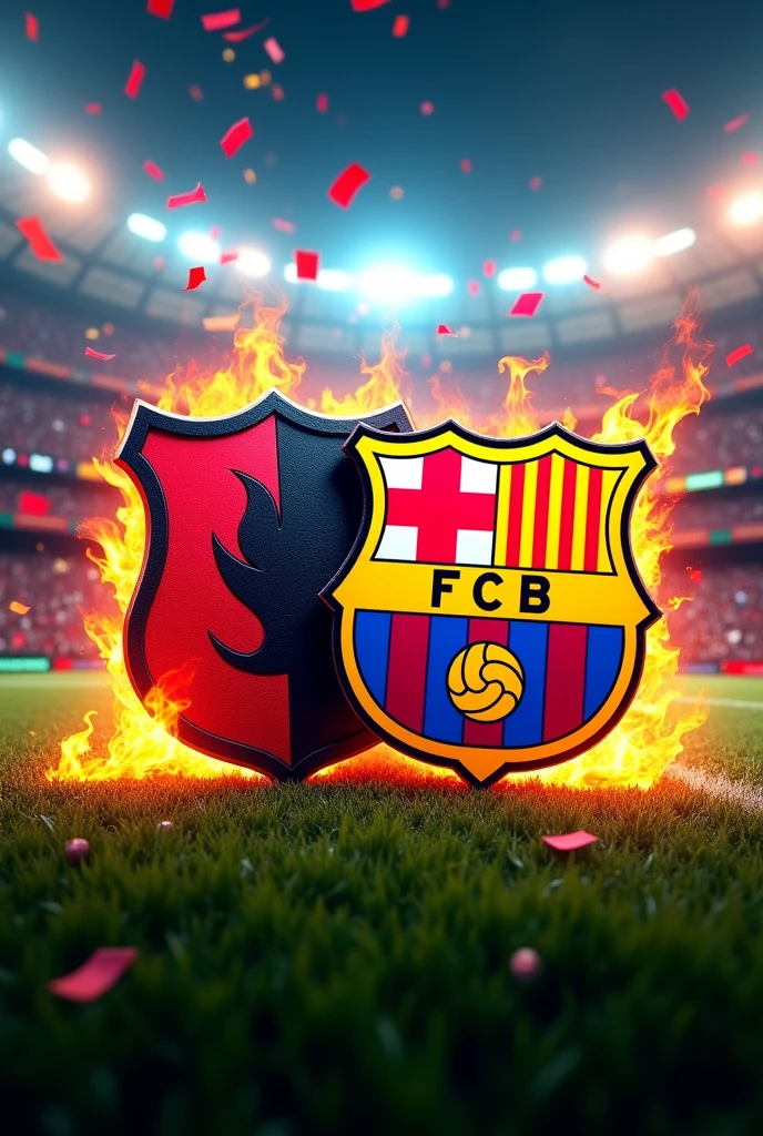 I want to create an image that is the Flamengo shield against the Barcelona shield, which means one team against the other, to put on a video cover, and in this video, the two teams will play against each other. Make a very eye-catching cover.