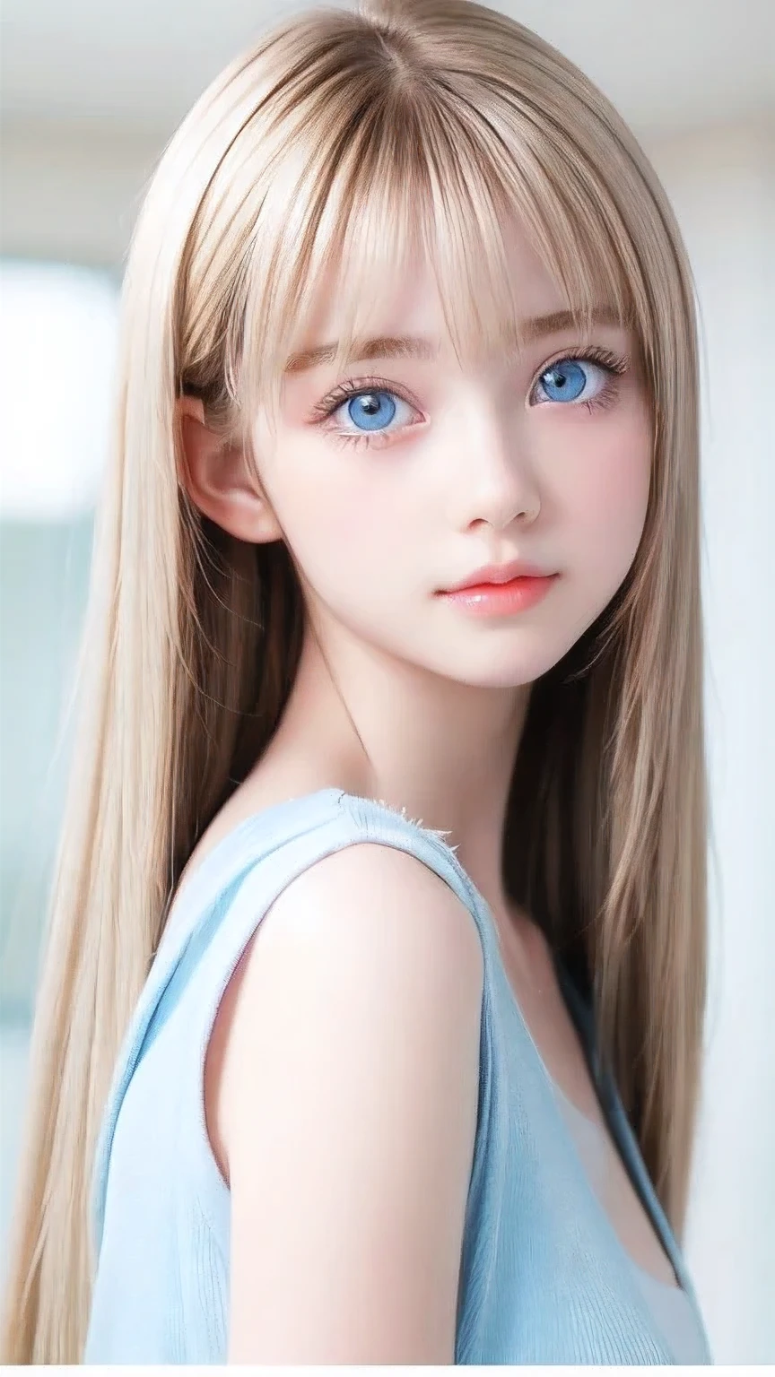 Portrait、、bright look、ponytail、bangs between eyes、bangs on the face、Young, shiny, white, glossy skin、gross face、cheek gloss highlight、best beauty、blonde reflection、Platinum blonde hair with dazzling highlights、shiny bright hair,、super long silky straight hair、Shining beautiful bangs、Attractive, beautifully shining, very bright, light blue eyes、very big eyes、Very beautiful nice cute 15 year old beautiful girl、rich bust、small face beauty、