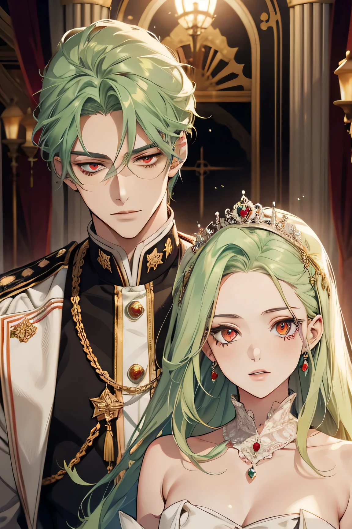 a young royal couple , a girl with light green hair , with golden eyes , beautiful with white skin with an ultra handsome white-skinned boy with red eyes