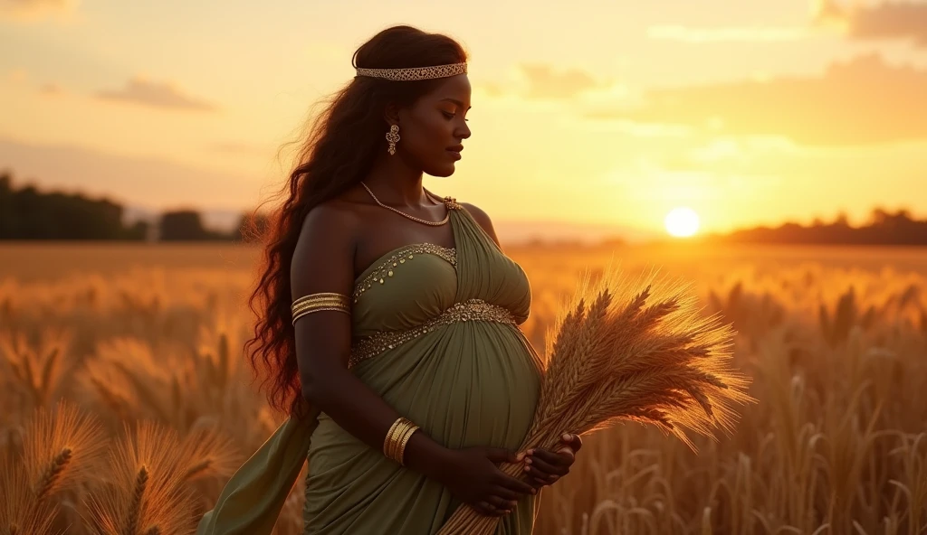 Greek goddess, more full-figured, Voluminous with a greenish tunic with gold threads., very wide gold bracelet, modern gold tiara on head, a pregnant woman with dark skin and long, wavy brown hair, reminiscent of the figure of the goddess DEMETER, holding a sheaf of wheat, In the background, a wheat field at sunset, convey depth, The goddess is fully connected to her womb and her baby