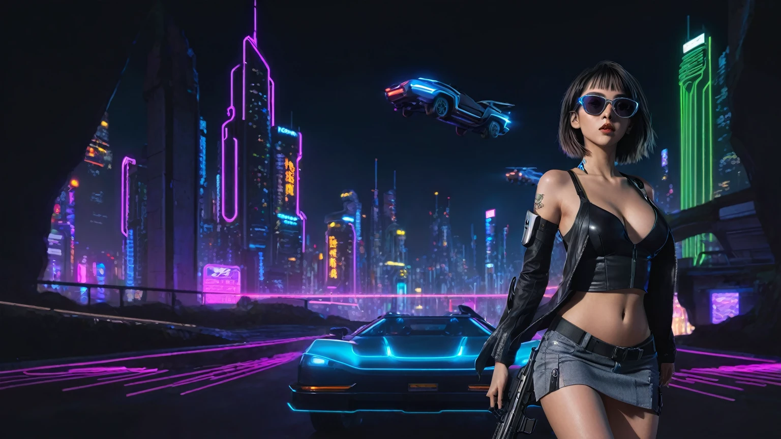 At night, simple outlined cyberpunk city, flying cars, neon waterfall, line art background. (1girl, solo), photo realistic, medium-breast:1.3 slim body, cleavage, sling top, miniskirt, black sunglasses, holding a short gun, half-body thigh level medium shot, cinematic lighting, ray tracing.