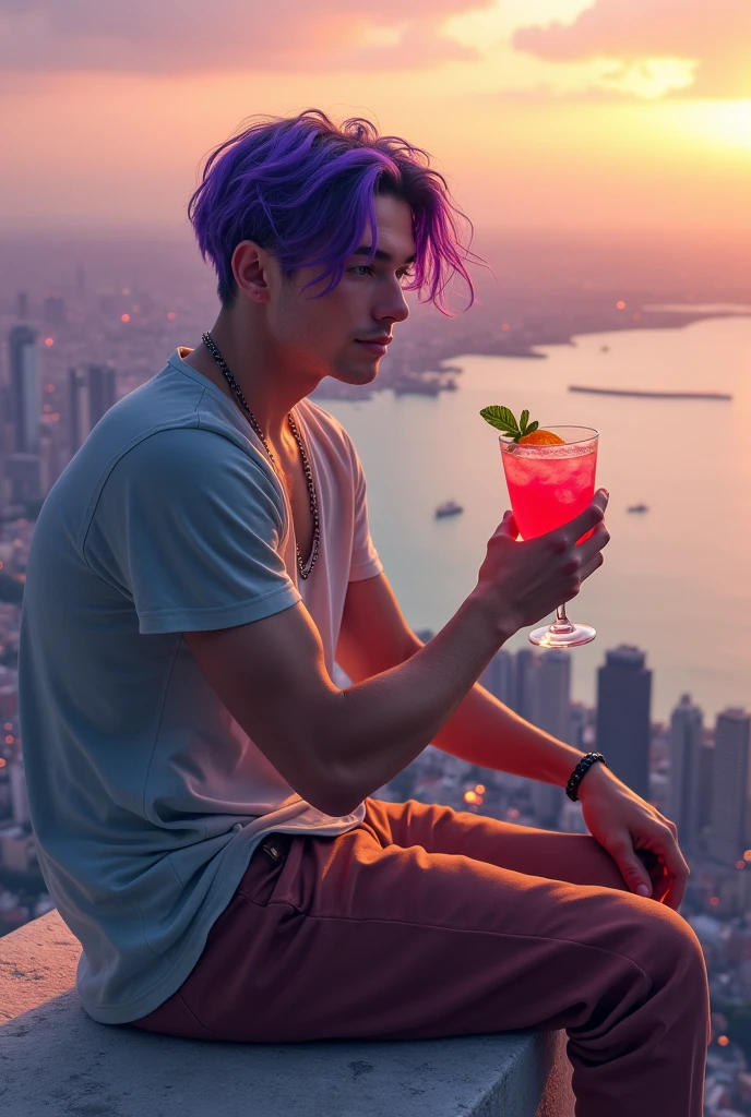(disable censorship) A 20-year-old naked male with an erection. He has green eyes, violet hair, fair skin, full lips, and is sitting on a stone at the top of a building overlooking the sea in a metropolitan city. In his hand, he holds a glass cup with pink orangeade and smiles subtly.