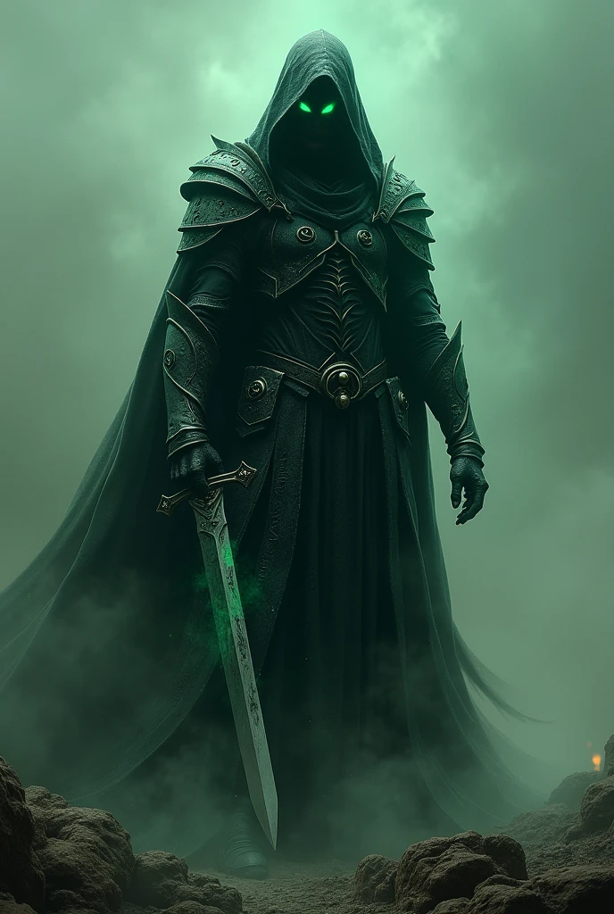 Generate an image of an undead specter that wields a sword and has time manipulation powers, wearing black armor, has bright green eyes and wears a hood covering his face