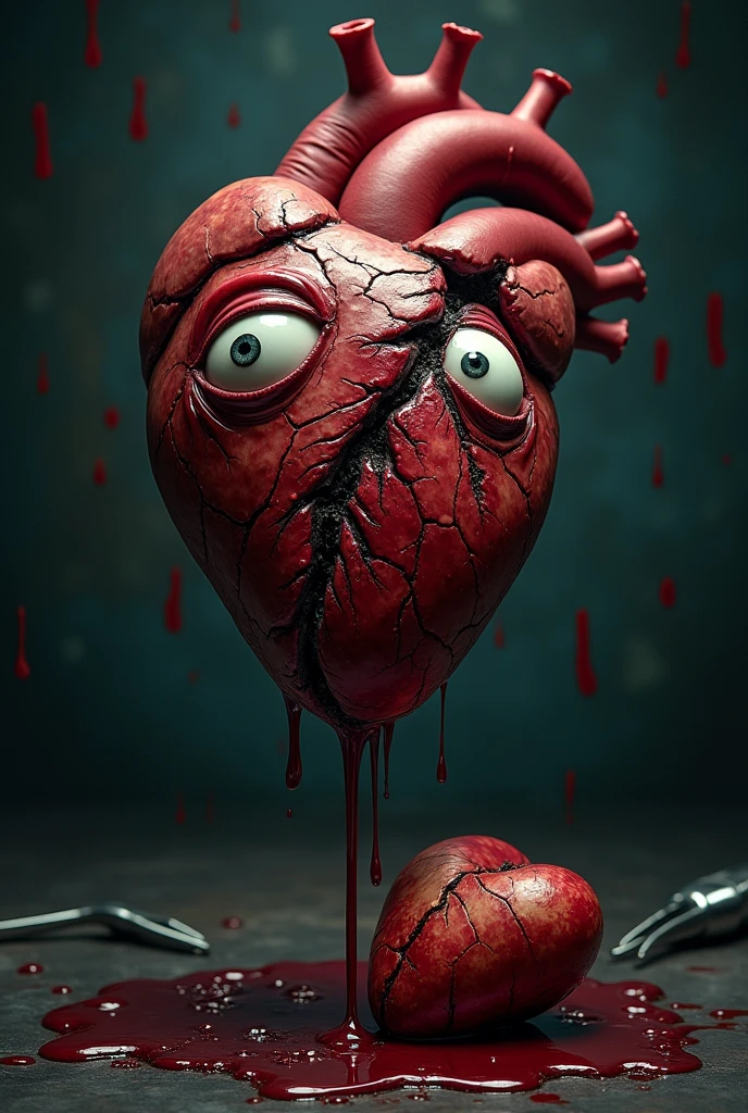 """An image of a damaged heart with a sad, fearful expression, showing injuries like bruises and cracks. Cholesterol liquid is visibly oozing out of the heart. In front, a lifeless death heart intensifies the sense of despair. Both hearts have sad eyes with teardrops. The dark background and scattered surgical tools enhance the feeling of medical shock and emotional distress."