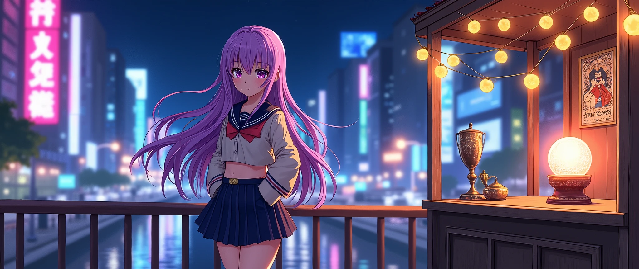 Create an image of a female anime character standing on a bridge. The character has long, wavy violet hair. She is wearing a school uniform with a pleated skirt and a short jacket, in a classic schoolgirl style. The setting is a bridge in a city lit by neon lights at night. The atmosphere is energetic and vibrant, with intense colors and movement. The style of the image is classic anime with defined lines and bright colors.

Digital 3d illustration of highly intricately (Tarot cards:2.9) laying on a wooden table next to a (detailed enchanted tarot cards deck:2.3) by carne griffiths, fortune teller room interior in the background with a sparklin Crystal ball, fantasy tarot cards, chiaroscuro, digital mixed media, CGSociety, featured on DeviantArt, trending_on_ArtStation, dynamic, splash_screen_art, dramatic lighting, radial_lighting