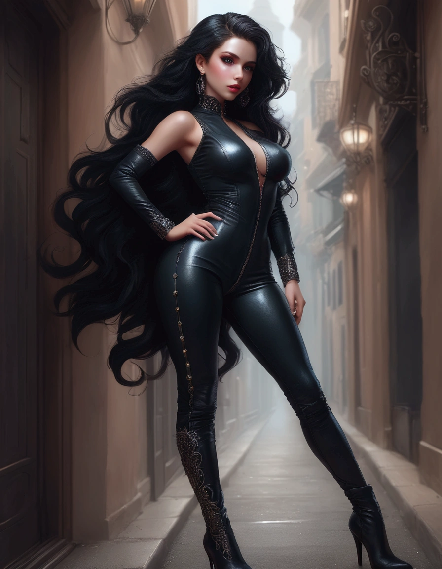 DigiArt Style, looking at viewer, full body, digital art, 1girl, solo, long curly hair, black hair, azur eyes, earrings, full lips, eyelashes, makeup,  jewelry, leather catsuit, leather clothes, leather straps, boots, fantasy