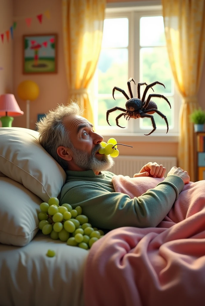 60 years old man lying down eating grapes, there is a big spider crawling on the bed old man panic 3d 4k image funny picture old man panic then turn into spider man ,get out of bed