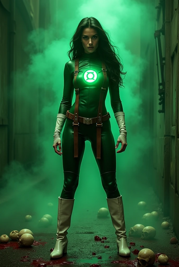 A beautiful white-skinned woman, Jessica Cruz, under the mantle of Green Lantern, wears a green leather jumpsuit with a fluorescent Green Lantern emblem, brown thick straps across her torso, knee-high white boots and gloves, screaming with her ring wielding reflecting green light, blood and skulls around her, terrifying and chilling images. 