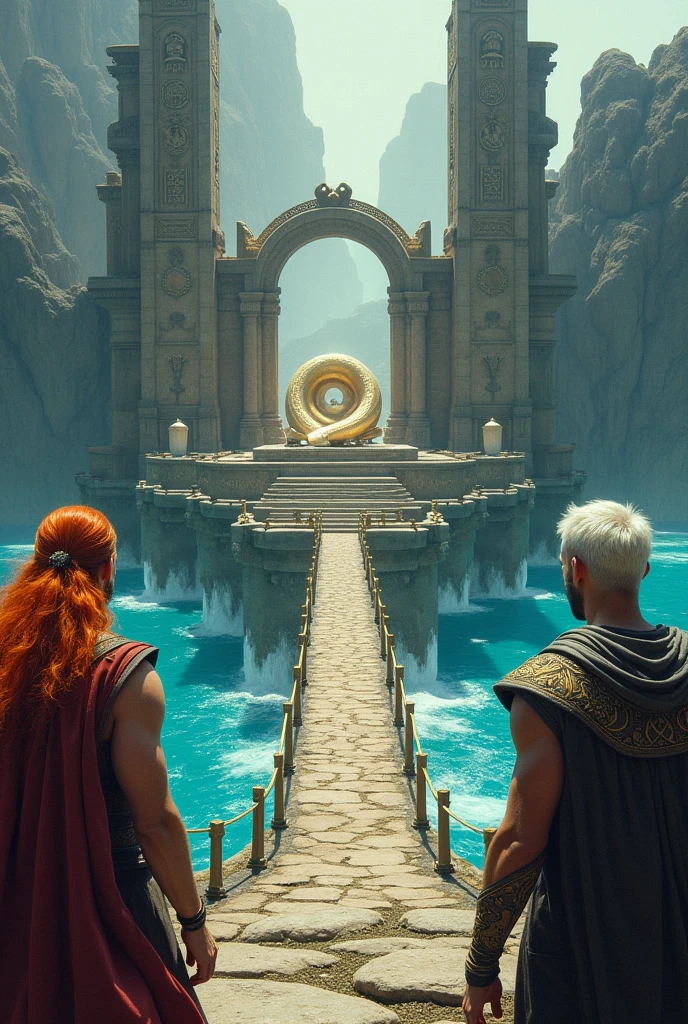A massive ancient Norse divine sanctuary, a large golden bridge, a golden horn, in the middle of the ocean and a man with red hair and another man with short white hair looking at each other
