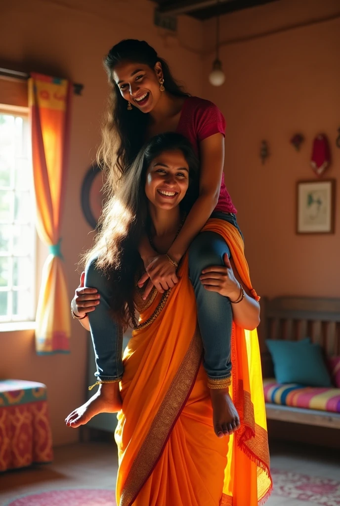 A smiling and beautiful indian woman lifting and carrying a stout man on her shoulders, man is sitting on woman's shoulders, in a village room