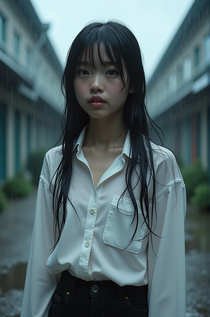 A high school girl's clothes are wet and her nipples are visible through them