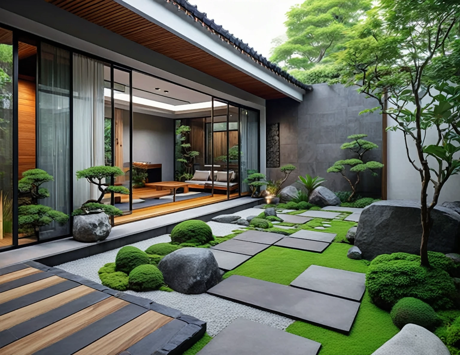 a close up of a garden with a stone path and a stone bench, beautiful aesthetic design, outdoor design, dense with greenery, garden at home, zen garden, exterior design, home and garden, beautiful design, japanese house, vibrant greenery outside, in style of ultra realistic, sharp and detailed, with a garden, beautifully detailed render, vivid and detailed