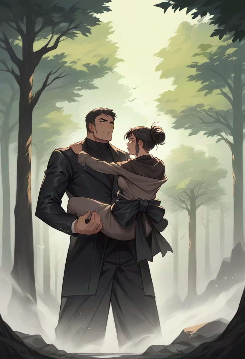 A girl with black tied hair, He has a black leather suit sealed to his body, she's running along with her companions over some rock pillars, There is fog and many trees around, the atmosphere is gray and gives off an aura of mystery. She carries a bow in her hand 