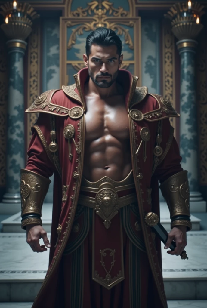 Imposing, strong and handsome emperor with European features 