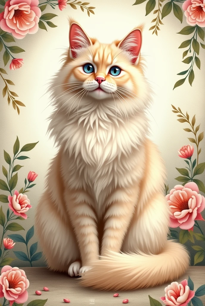 Generate a female Maine Coon cat with fluffy and soft fur. Her fur color will be pale blonde and she will have a fluffy tail. And her eyes are ice blue. The art will be hand-drawn in vintage style, Detailed and colorful.