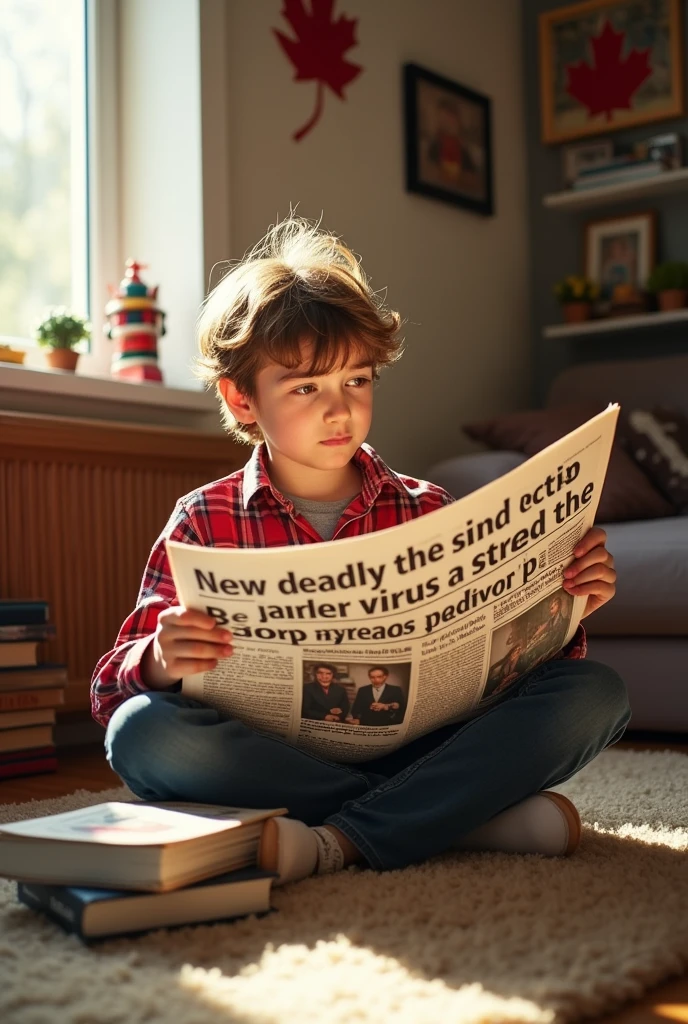 make a boy about Canadian Bravo at home ready to go to school reading a newspaper about a new deadly virus spreading
