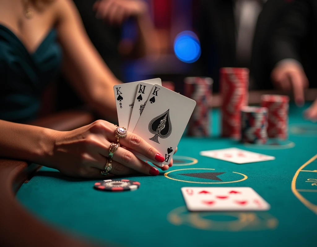 A woman's hand holds the Nine of Spades and the King of Spades at a baccarat table. There are a lot of chips piled up next to it. Blue and gold tone. Close-up. High definition.