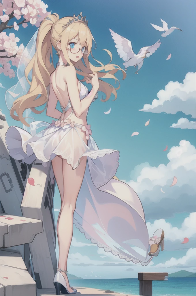 Hood \(warship girls r\),((masterpiece)),(((best quality))),((ultra-detailed)),((illustration)),((disheveled hair)),((frills)),(1 girl),(solo),1girl,bangs,blue sky,blush,bridal veil,cherry blossoms,cloud,cloudy sky,confetti,day,dress,earrings,eyebrows visible through hair,falling petals,flower,hair between eyes,hair ornament,high heels,jewelry,leaves in wind,looking at viewer,looking back,ocean,open mouth,outdoors,petals,petals on liquid,ponytail,rose petals,shoes removed,sidelocks,single shoe,sky,soles,solo,splashing,tiara,tree,underwear,veil,water,wedding dress,white dress,Rating:safe,foreshortening, under-rim eyewear,Blue eyes with highlights,Blonde long hair(delicate eyes),ahoge,
