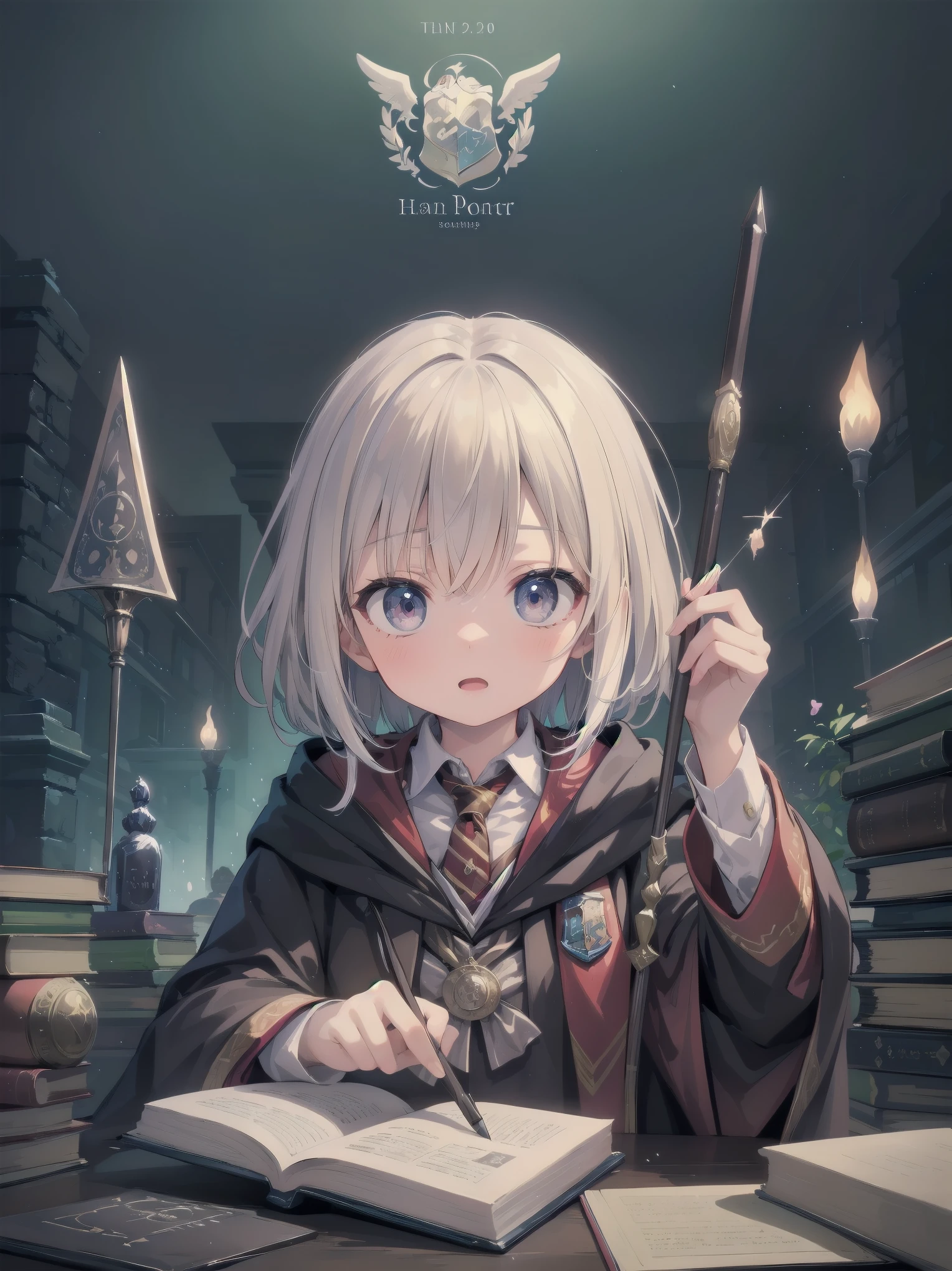Masterpiece, Top Quality, Absurd, High Resolution, Subject Seismic, Animation Style Illustration with Mock Pause, 1 Girl, Solo, Cute random hairstyle, beautiful random expression and face, random age, slender, random clothing for situation,wizard robes, wand, magical castle, owl, spell book, (Hogwarts: 1.2), magic, wonder, (Harry Potter inspired: 1.3), mysterious atmosphere, details