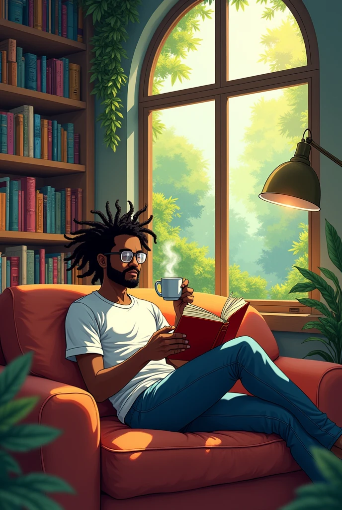 bi racial man with dreadlocks, drinking coffee and reading on a couch with his feet up in a beautiful living room with large book shelves and windows with nature in the back ground in anime style